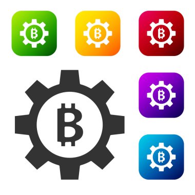 Siyah Kripto para birimi Bitcoin simgesi beyaz arka planda izole edildi. Vites ve Bitcoin ayarı. Engelleme zinciri tabanlı şifreli para birimi. Renkli kare düğmelerle simgeleri ayarla. Vektör.