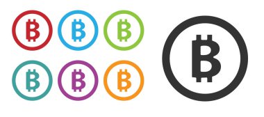Siyah Kripto para birimi Bitcoin simgesi beyaz arka planda izole edildi. Madeni para. Engelleme zinciri tabanlı şifreli para birimi. Simgeleri renklendirin. Vektör.