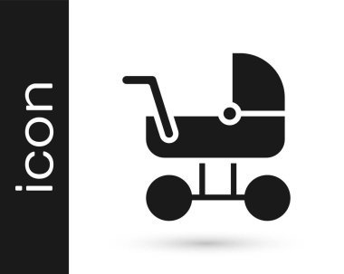 Siyah bebek arabası simgesi beyaz arkaplanda izole edildi. Bebek arabası, at arabası, bebek arabası, bebek arabası, tekerlek. Vektör.