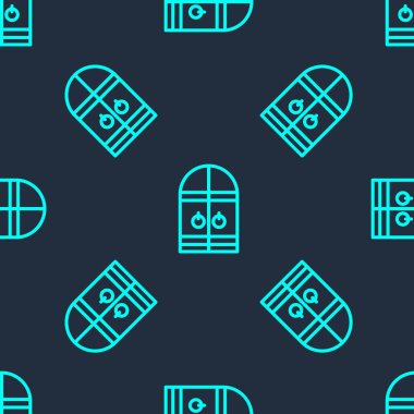 Yeşil çizgi Ortaçağ kale ikonu mavi arka planda izole edilmiş pürüzsüz desen. Ortaçağ kalesi. Düşmanlardan koruma. Vektör.