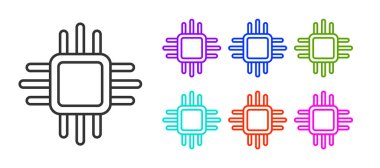 Beyaz arkaplanda izole edilmiş mikro devre işlemci simgesine sahip siyah çizgi Bilgisayar işlemcisi. Devre kartlı çip ya da işlemci. Mikro işlemci. Simgeleri renklendirin. Vektör.
