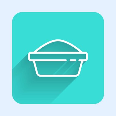 Kedi ya da köpek ikonu için uzun gölgeli beyaz çizgi evcil hayvan kasesi. Köpek ya da kedi pençesi izi. Yeşil kare düğmesi. Vektör.