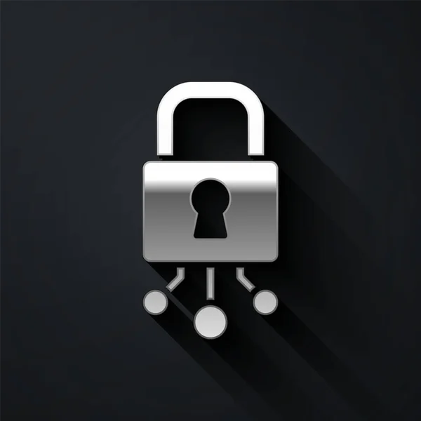 Silver Cyber Security Icoon Geïsoleerd Zwarte Achtergrond Gesloten Hangslot Digitale — Stockvector