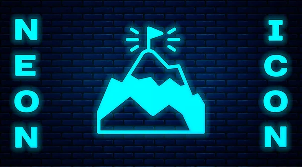 Montagnes Lumineuses Néon Avec Drapeau Sur Icône Supérieure Isolé Sur — Image vectorielle