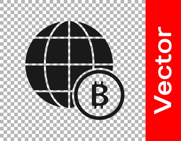 Black Globe Und Kryptowährung Bitcoin Icon Isoliert Auf Transparentem Hintergrund — Stockvektor