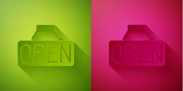사인과 텍스트 오픈도어 아이콘이 녹색과 분홍색 배경에 분리되어 스타일 Vector — 스톡 벡터