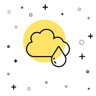 Beyaz zemin üzerinde yağmur ikonu olan siyah çizgi bulutu. Yağmur damlaları ile yağmur bulutu yağışı. Rastgele dinamik şekiller. Vektör.