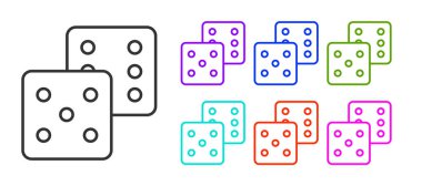 Beyaz arkaplanda siyah çizgi oyun zar simgesi izole. Kumarhane kumarı. Simgeleri renklendirin. Vektör.