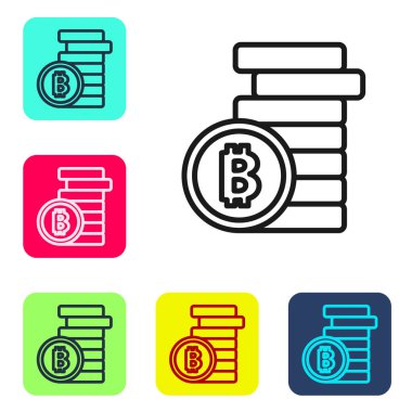 Siyah çizgi kripto para birimi Bitcoin simgesi beyaz arka planda izole edildi. Madeni para. Engelleme zinciri tabanlı şifreli para birimi. Renkli kare düğmelerle simgeleri ayarla. Vektör.