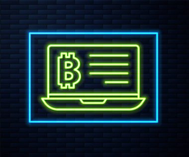 Duvarda izole edilmiş dizüstü bilgisayar simgesinden parlayan neon hattı madencilik bitcoin. Kripto para birimi madenciliği, engelleme zinciri teknoloji servisi. Vektör.