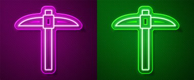 Parlayan neon çizgisi Kazma simgesi mor ve yeşil arkaplanda izole edildi. Engelleme teknolojisi, kripto para madenciliği, bitcoin, dijital para piyasası, kripto para cüzdanı. Vektör.