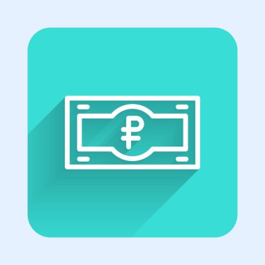 Beyaz çizgi Rus ruble banknot ikonu uzun gölgeli izole edilmiş. Yeşil kare düğmesi. Vektör.