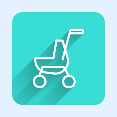 Beyaz çizgi bebek arabası ikonu uzun gölgeli izole edilmiş. Bebek arabası, at arabası, bebek arabası, bebek arabası, tekerlek. Yeşil kare düğmesi. Vektör.