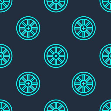 Yeşil çizgi Eski ahşap tekerlek ikonu mavi arka planda izole edilmiş pürüzsüz desen. Vektör.