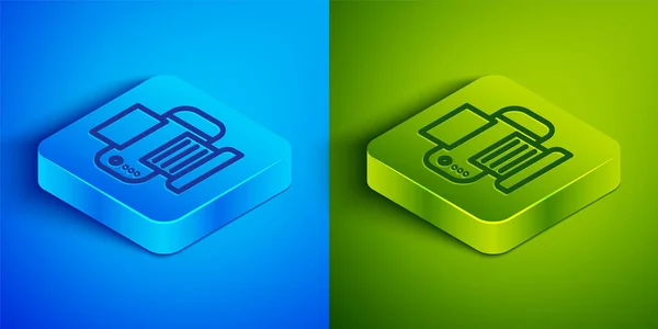 Isometric Line Printer Icon Isolated Blue Green Background Square Button — Stock Vector