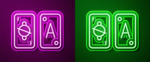 Zářící Neonová Čára Ikona Tarotových Karet Izolovaná Fialovém Zeleném Pozadí — Stockový vektor