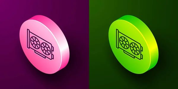 等距线视频图形卡图标隔离在紫色和绿色背景 圆形按钮 — 图库矢量图片