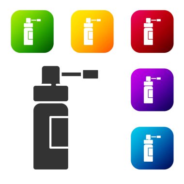 Beyaz arka planda izole edilmiş burun ve boğaz ikonu hastalıklarının tedavisi için başlıklı siyah ilaç şişesi. Renkli kare düğmelerle simgeleri ayarla. Vektör İllüstrasyonu.
