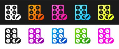 Siyah beyaz arka planda izole edilmiş su toplayıcı ikonuna haplar koyun. İlaç paketi. Tablet, vitamin, antibiyotik, aspirin. Vektör İllüstrasyonu.