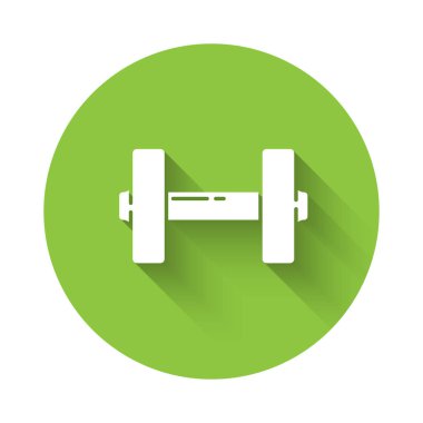 Beyaz Dumbbell simgesi uzun gölgelerle izole edilmiş. Kas kaldırma ikonu, fitness halteri, spor aletleri, egzersiz yaban domuzu. Yeşil daire düğmesi. Vektör İllüstrasyonu.