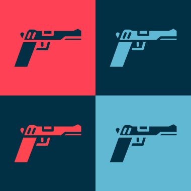 Pop Art Pistol ya da silah ikonu renk arkaplanına izole edilmiş. Polis ya da askeri silah. Küçük ateşli silah. Vektör İllüstrasyonu.