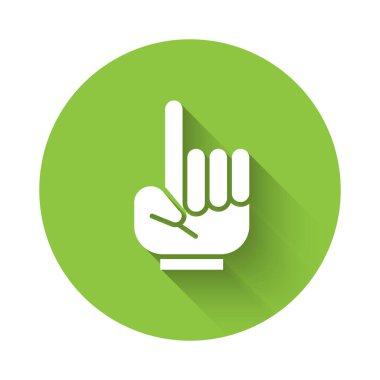 Bir numaralı beyaz yelpaze eldivenli, parmak kaldırılmış uzun gölgeli ikon. Yarışmalarda takım desteğinin sembolü. Yeşil daire düğmesi. Vektör İllüstrasyonu.