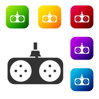 Siyah Oyun Alanı simgesi beyaz arkaplanda izole edildi. Oyun kontrolörü. Renkli kare düğmelerle simgeleri ayarla. Vektör İllüstrasyonu.