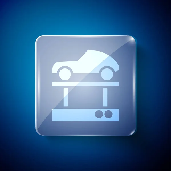 White Repair Car Lift Icon Isolated Blue Background Repair Underbody — Stock Vector