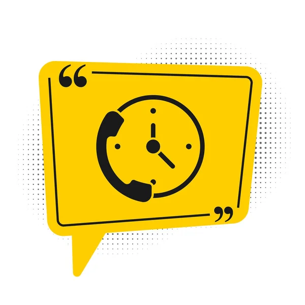 Siyah Telefon, beyaz arkaplanda 24 saat boyunca izole edilmiş destek ikonu. Tüm gün müşteri destek merkezi. Tam zamanlı çağrı servisi. Sarı konuşma balonu sembolü. Vektör İllüstrasyonu.