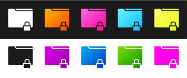 Dizin ve kilit simgesini siyah ve beyaz arkaplanda izole et. Kapalı dosya ve asma kilit. Güvenlik, güvenlik, koruma kavramı. Vektör İllüstrasyonu.