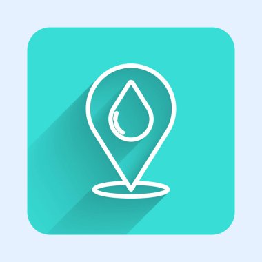 Beyaz çizgi, uzun gölgeli konum simgesiyle su damlası. Yeşil kare düğmesi. Vektör İllüstrasyonu.