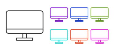 Siyah çizgi bilgisayar ekranı ekranı simgesi beyaz arkaplanda izole edildi. Elektronik cihaz. Ön manzara. Simgeleri renklendirin. Vektör İllüstrasyonu.