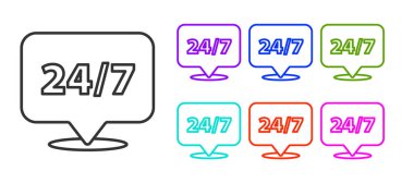 Siyah Saat 24 saat simgesi beyaz arkaplanda izole edildi. Tüm gün döngü simgesi. 24 saat hizmet sembolü. Simgeleri renklendirin. Vektör İllüstrasyonu.