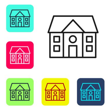 Beyaz arka planda siyah çizgi ev simgesi izole edildi. Ev sembolü. Renkli kare düğmelerle simgeleri ayarla. Vektör İllüstrasyonu.
