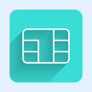 Üzerinde çip simgesi olan beyaz çizgi kredi kartı uzun gölgeli. Temassız ödeme. Yeşil kare düğmesi. Vektör İllüstrasyonu.