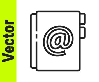 Siyah çizgi adres defteri simgesi beyaz arkaplanda izole edildi. Not defteri, adres, bağlantı, rehber, telefon, telefon rehberi simgesi. Vektör İllüstrasyonu.