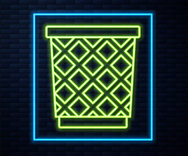 Parlayan neon hattı çöp kutusu simgesi tuğla duvar arka planında izole edildi. Çöp kutusu tabelası. Sepet simgesini geri dönüştür. Ofis çöpü ikonu. Vektör İllüstrasyonu.