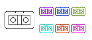Siyah çizgi VHS video kaset ikonu beyaz arkaplanda izole edildi. Simgeleri renklendirin. Vektör İllüstrasyonu.