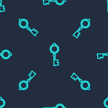 Yeşil çizgi Eski anahtar simgesi mavi arkaplanda izole edilmiş kusursuz desen. Vektör İllüstrasyonu.