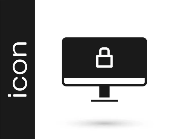 Grey Lock Computer Monitor Screen Icon Isolated White Background Security — Stock Vector