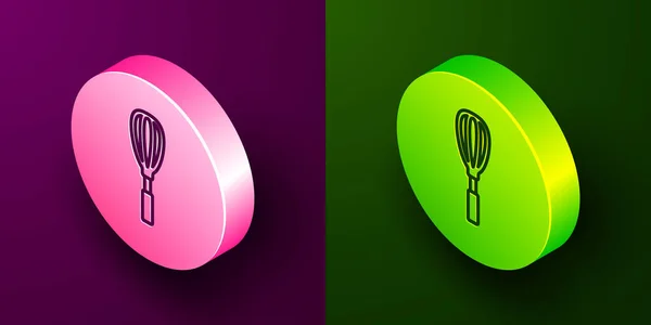 等距线厨房晶须图标隔离在紫色和绿色背景 打蛋器 餐具的标志 食物混合符号 圆形按钮 病媒图解 — 图库矢量图片