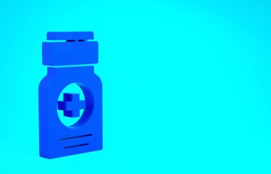 Mavi İlaç şişesi ikonu mavi arka planda izole edilmiş. Şişe hapı işareti. Eczane tasarımı. Minimalizm kavramı. 3d illüstrasyon 3B canlandırma
