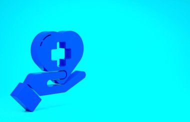 Mavi arka planda bir haç simgesi olan Mavi Kalp. İlk yardım. Sağlık, tıbbi ve eczane işaretleri. Minimalizm kavramı. 3d illüstrasyon 3B canlandırma