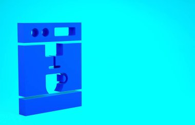 Mavi kahve makinesi simgesi mavi arkaplanda izole edilmiş. Minimalizm kavramı. 3d illüstrasyon 3B canlandırma