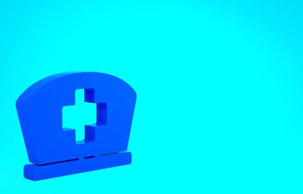 Chapeau d'infirmière bleu avec icône croix isolé sur fond bleu. Infirmière médicale signe chapeau. Concept de minimalisme. Illustration 3D rendu 3D — Photo