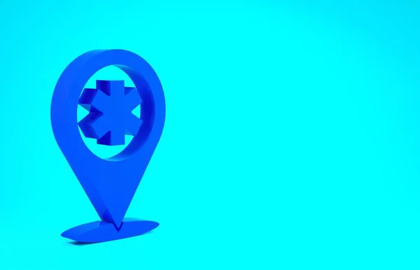 Niebieski wskaźnik mapy medycznej z krzyżową ikoną szpitala odizolowaną na niebieskim tle. Koncepcja minimalizmu. Ilustracja 3D 3D renderowania — Zdjęcie stockowe