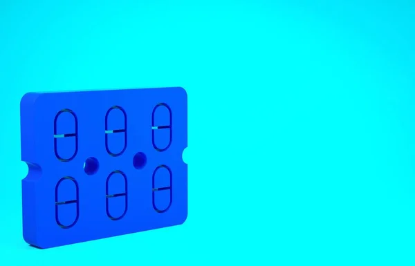 Blaue Pillen im Blisterverpackungssymbol isoliert auf blauem Hintergrund. Medikamentenpaket für Tabletten, Vitamine, Antibiotika, Aspirin. Minimalismus-Konzept. 3D Illustration 3D Renderer — Stockfoto