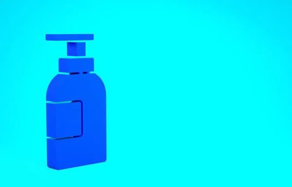 Icono de botella de desinfectante de mano azul aislado sobre fondo azul. Concepto de desinfección. Gel de lavado. Botella de alcohol para higiene. Concepto minimalista. 3D ilustración 3D render — Foto de Stock