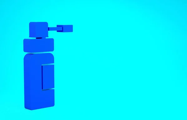 蓝色药瓶喷雾器用于治疗鼻喉疾病，隔离在蓝色背景下。最低纲领的概念。3D渲染3D插图 — 图库照片
