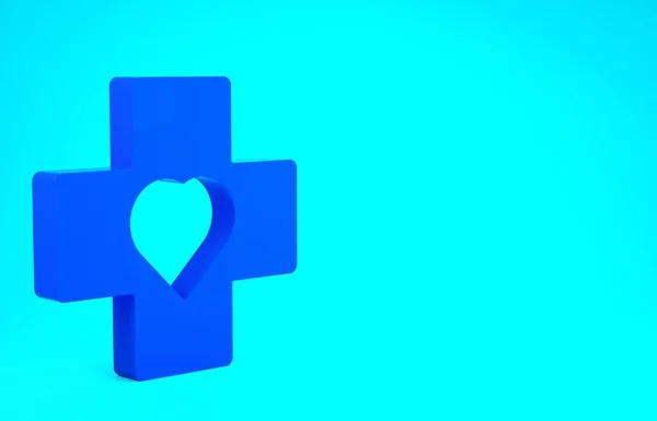 Cuore blu con un'icona a croce isolata su sfondo blu. Pronto soccorso. Sanità, cartello medico e farmacia. Concetto minimalista. Illustrazione 3d rendering 3D — Foto Stock